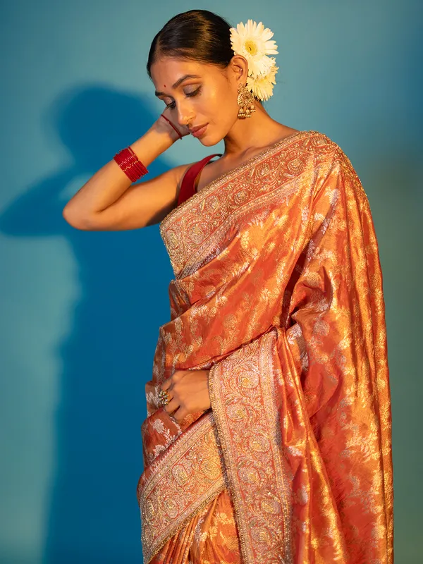 Rust orange wedding style kanjivaram silk saree