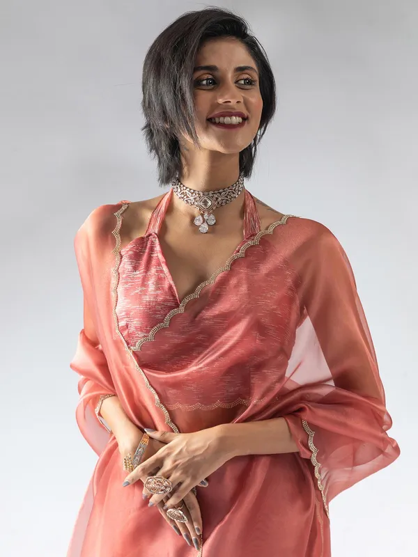 Rust peach ready to wear saree in organza