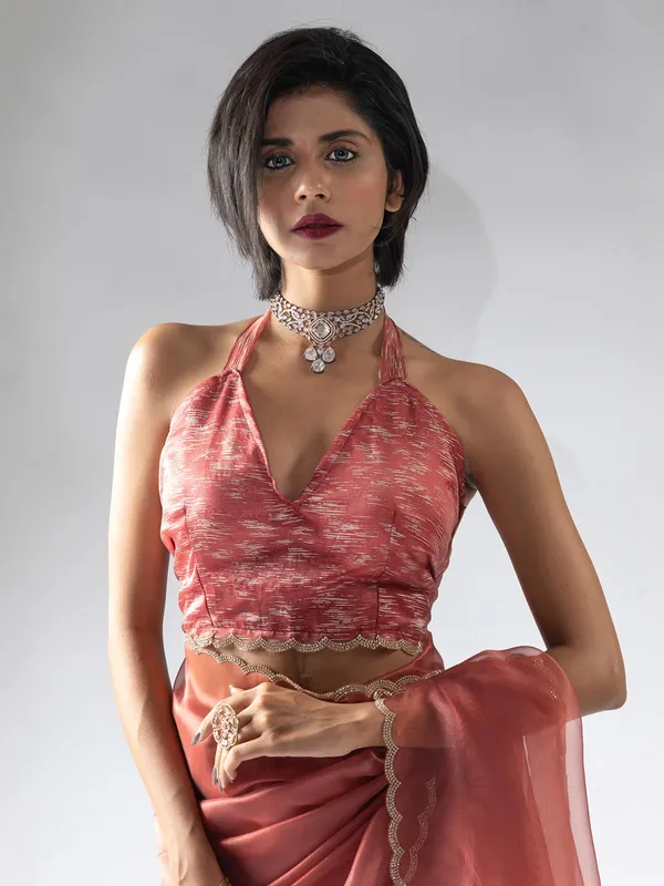Rust peach ready to wear saree in organza