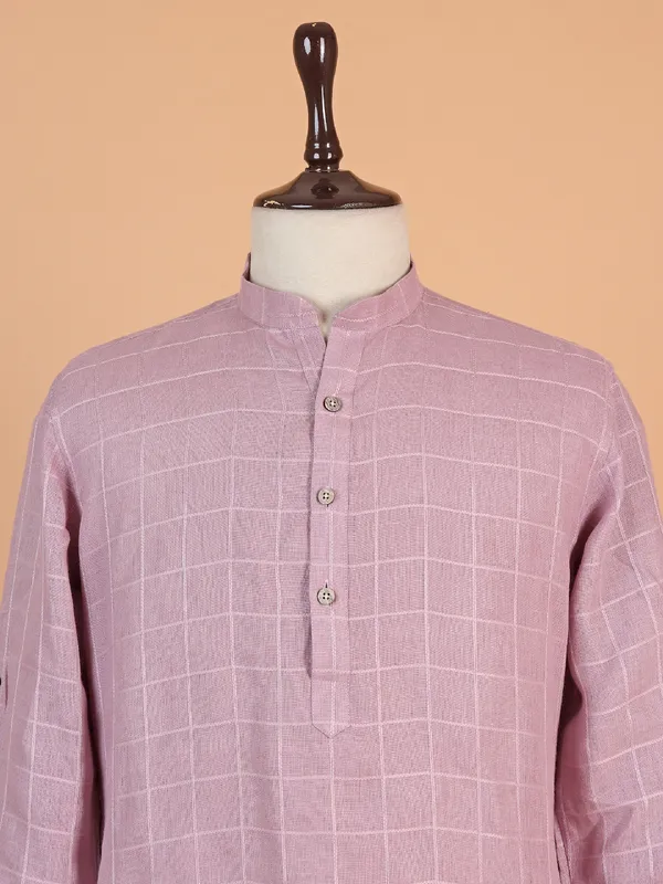 Rust pink cotton kurta with tattersall pattern