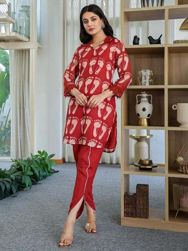 Rust red cotton printed kurti set for women