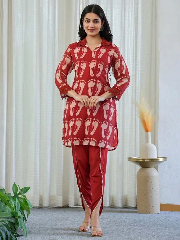 Rust red cotton printed kurti set for women