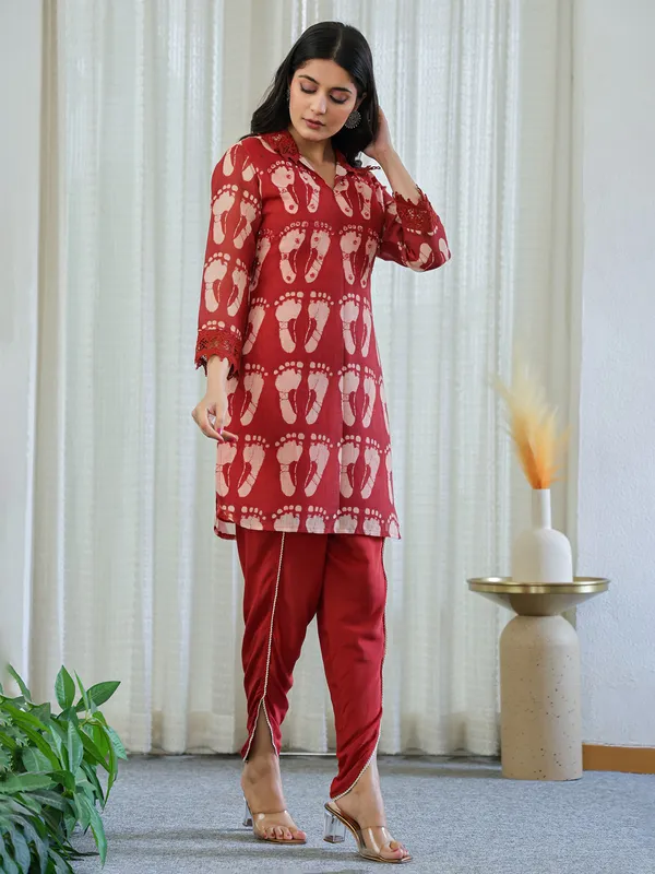 Rust red cotton printed kurti set for women