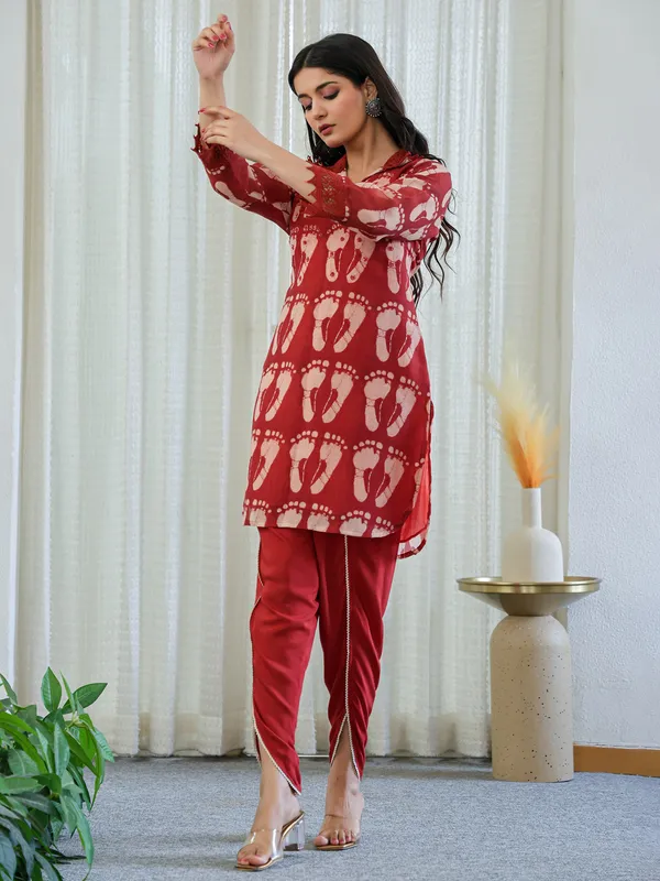 Rust red cotton printed kurti set for women