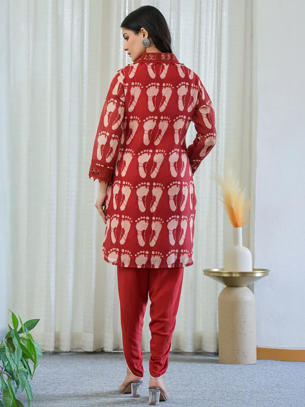 Rust red cotton printed kurti set for women