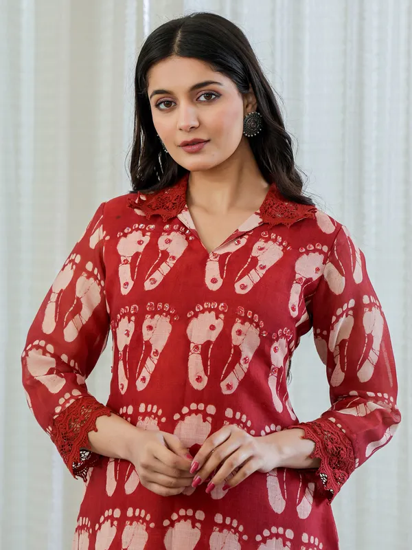Rust red cotton printed kurti set for women