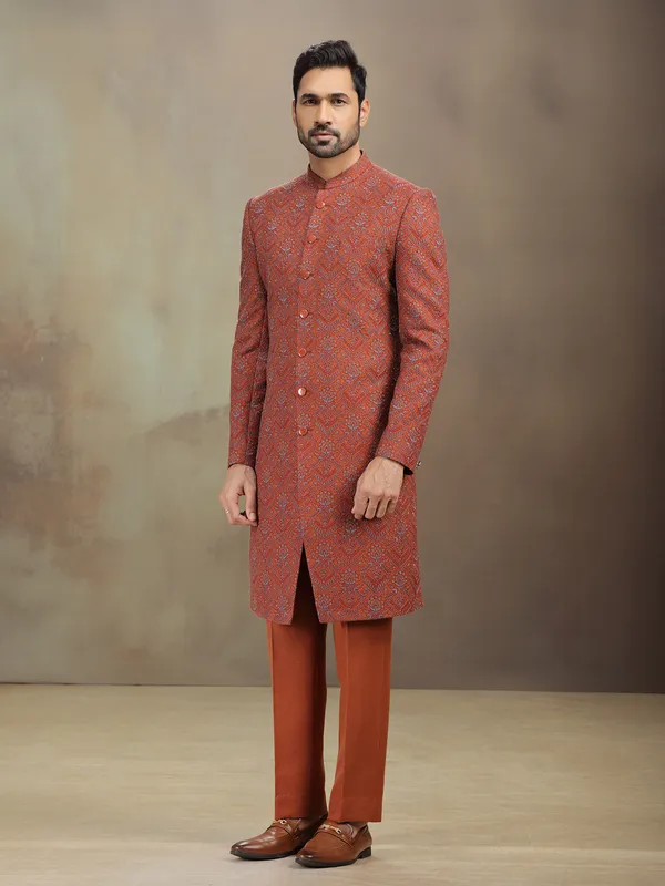 Rust red thread worked indowestern set in silk