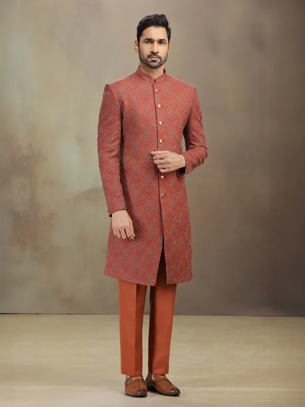 Rust red thread worked indowestern set in silk