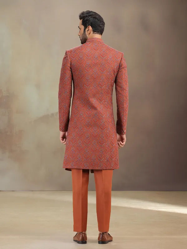 Rust red thread worked indowestern set in silk