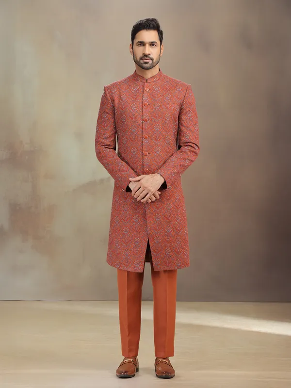 Rust red thread worked indowestern set in silk