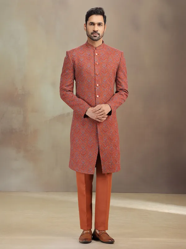 Rust red thread worked indowestern set in silk