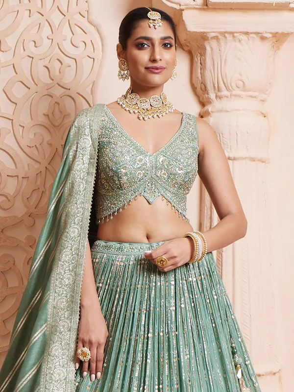 Sage green chinnon lehenga choli with heavy work