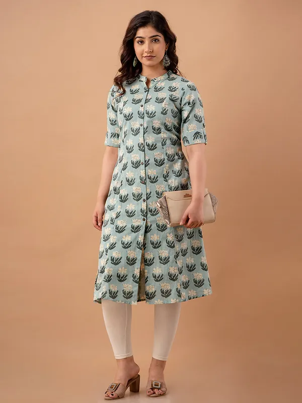 Sage green cotton floral printed kurti