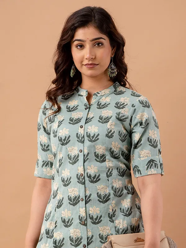 Sage green cotton floral printed kurti