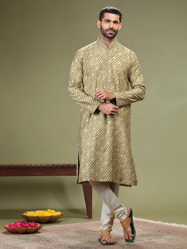 Sage green cotton silk printed  Men Kurta pajama