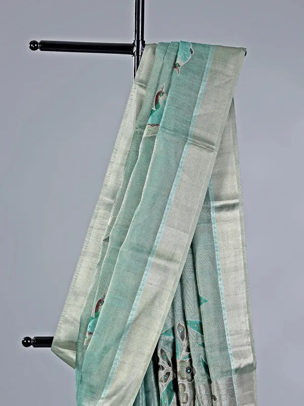 Sage green cotton silk saree with aabla accents