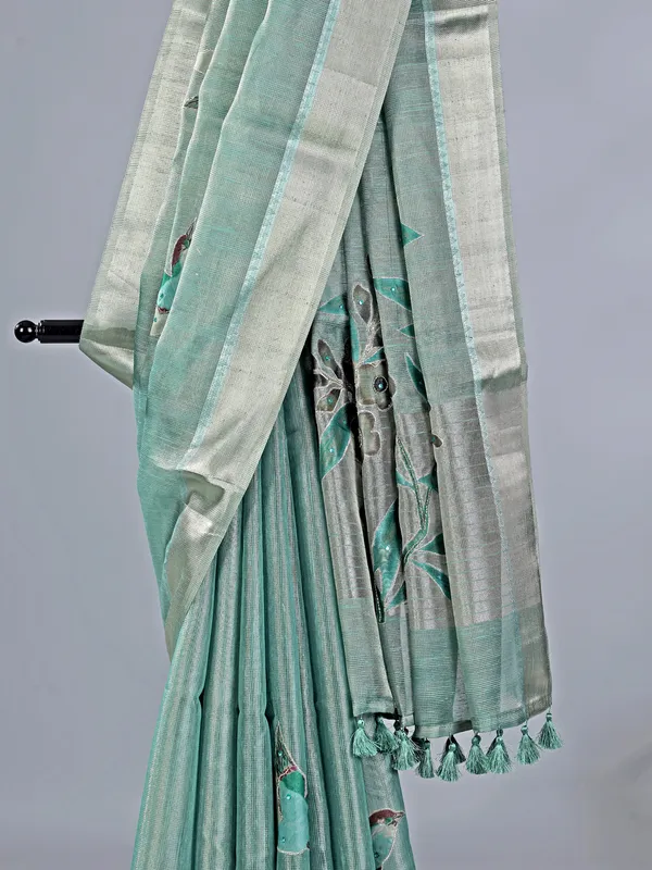 Sage green cotton silk saree with aabla accents