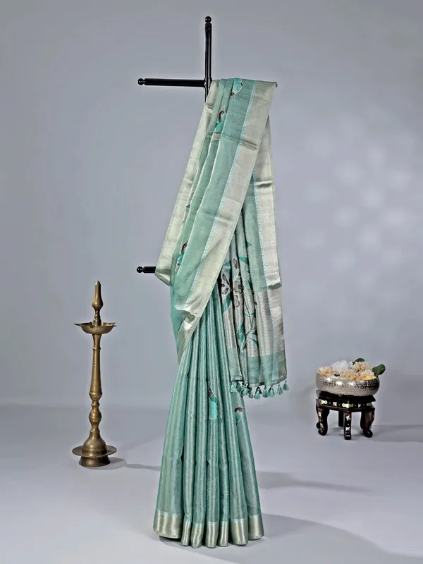 Sage green cotton silk saree with aabla accents