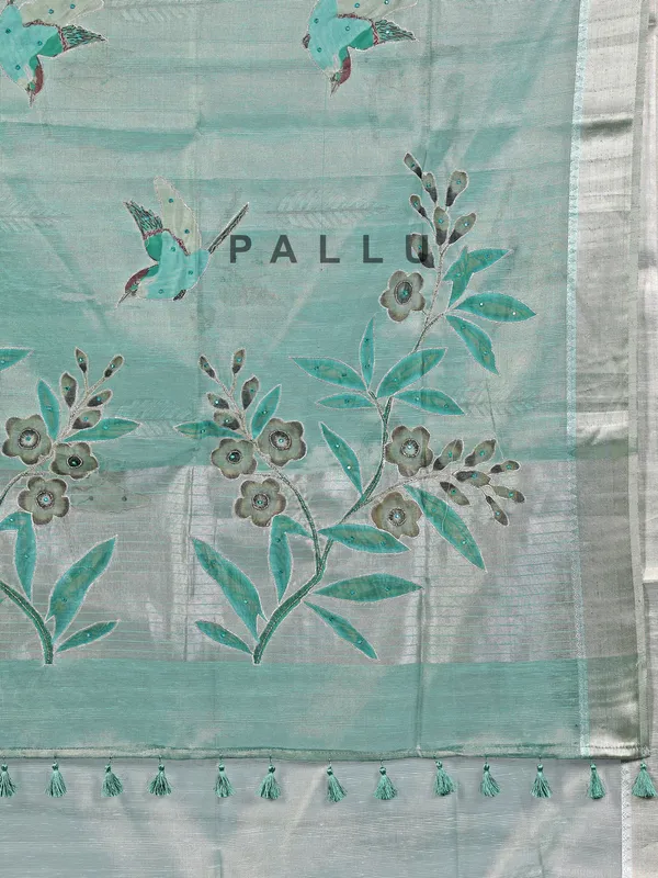 Sage green cotton silk saree with aabla accents