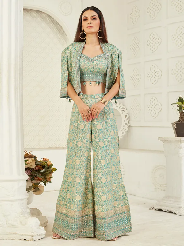 Sage green elegant silk jacket style palazzo suit for women