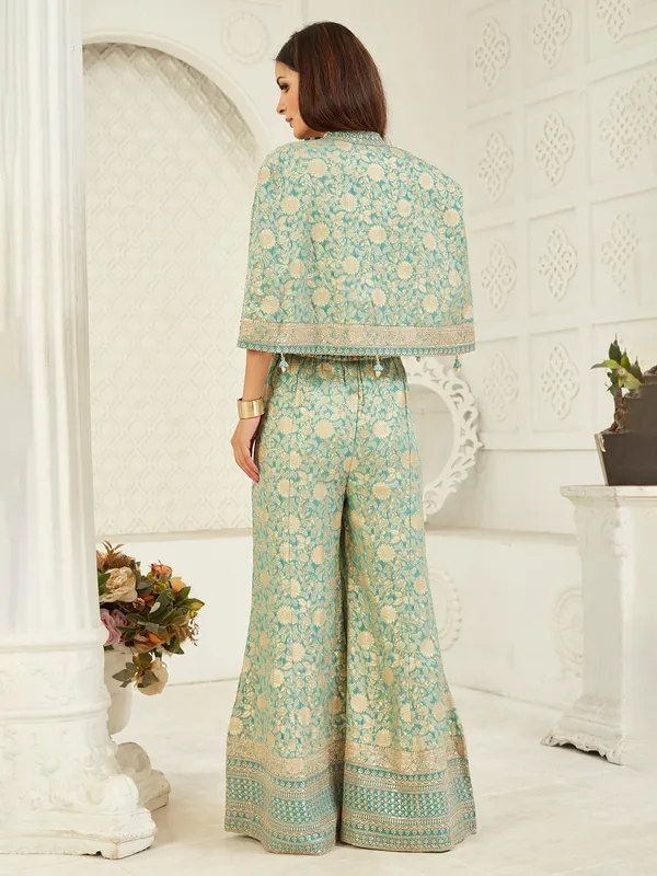 Sage green elegant silk jacket style palazzo suit for women