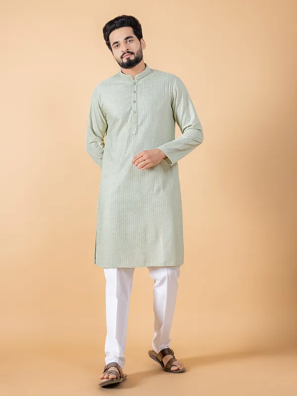 Sage green embroidery cotton kurta suit