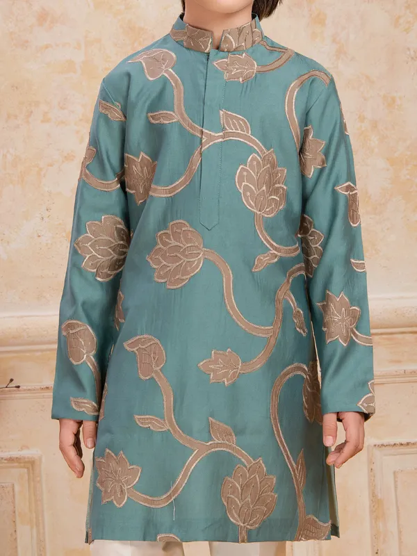 Sage green floral printed cotton silk kurta suit