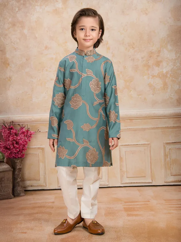 Sage green floral printed cotton silk kurta suit