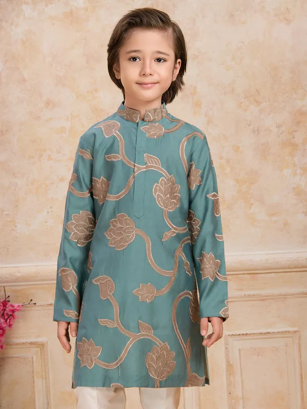 Sage green floral printed cotton silk kurta suit