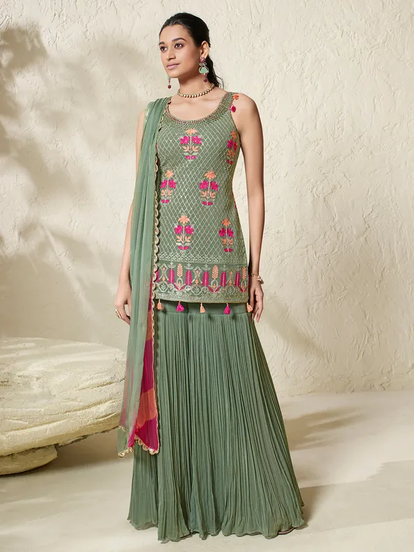 Sage green georgette embroidery sharara suit