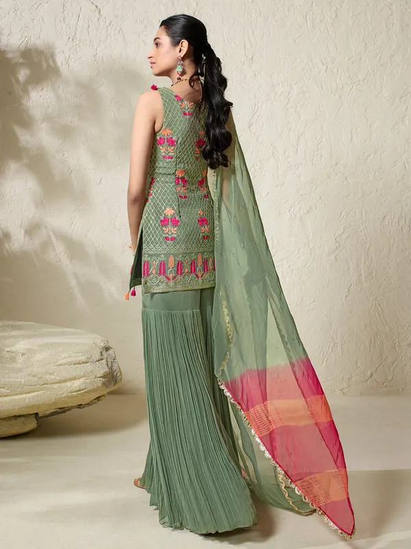 Sage green georgette embroidery sharara suit