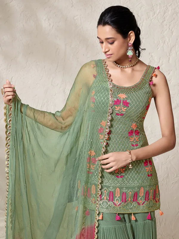 Sage green georgette embroidery sharara suit