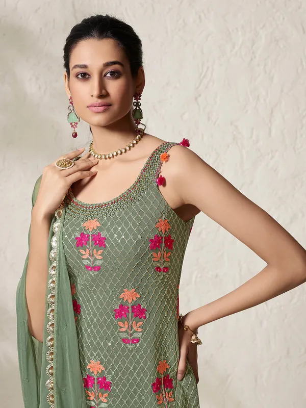 Sage green georgette embroidery sharara suit