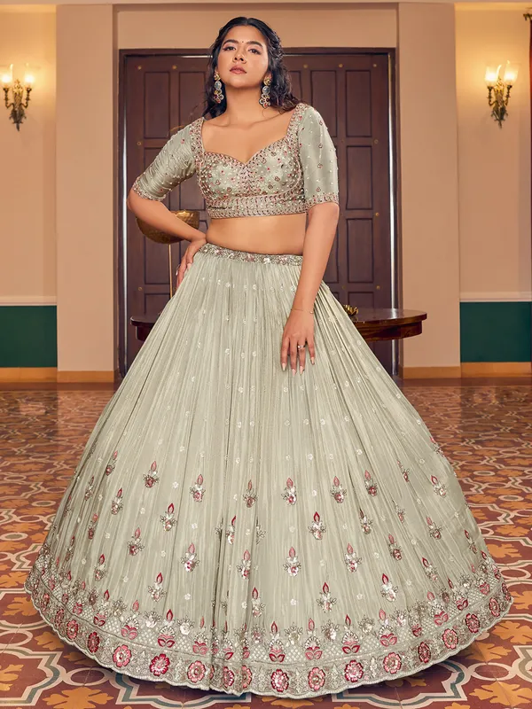 Sage green georgette lehenga choli with dupatta for women