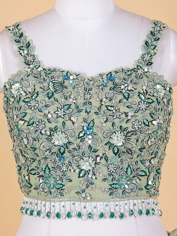 Sage green jacket style lehenga choli