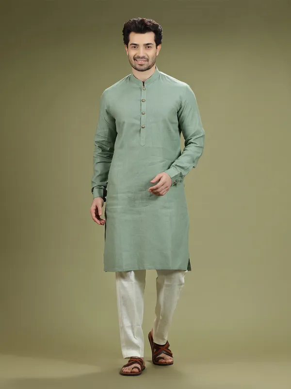 Sage green linen  Men Kurta pajama