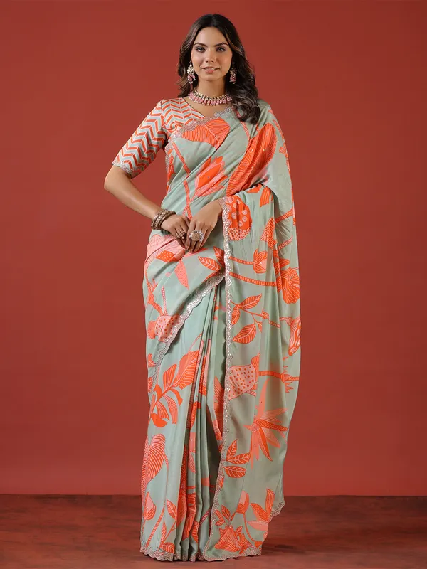 Sage green muslin printed saree