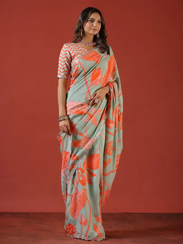 Sage green muslin printed saree