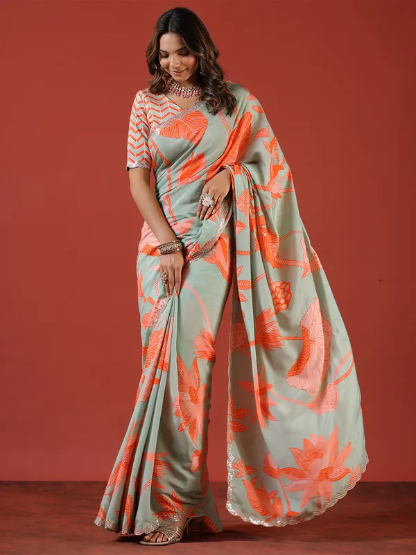 Sage green muslin printed saree