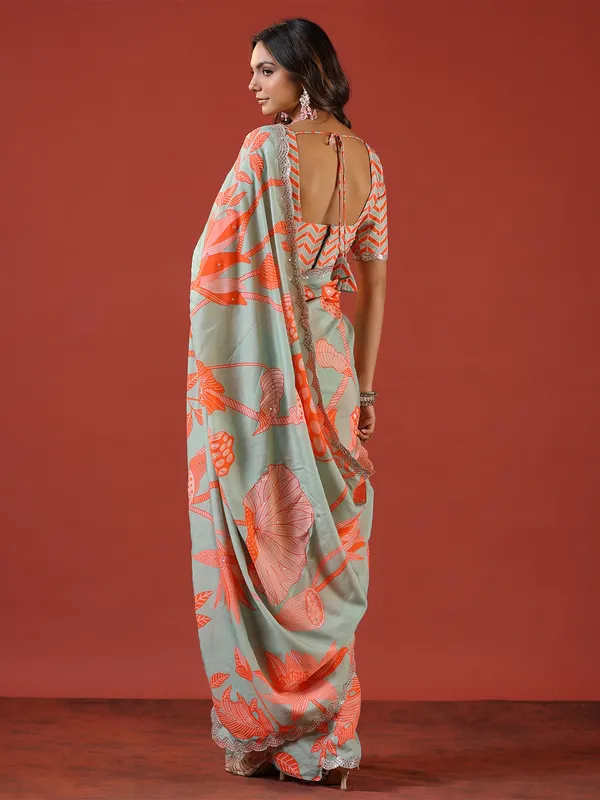 Sage green muslin printed saree