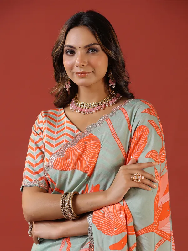 Sage green muslin printed saree