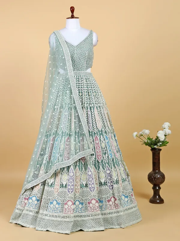 Sage green net anarkali floor length suit