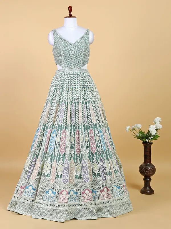 Sage green net anarkali floor length suit