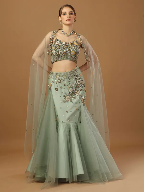 Sage green net fish cut lehenga choli