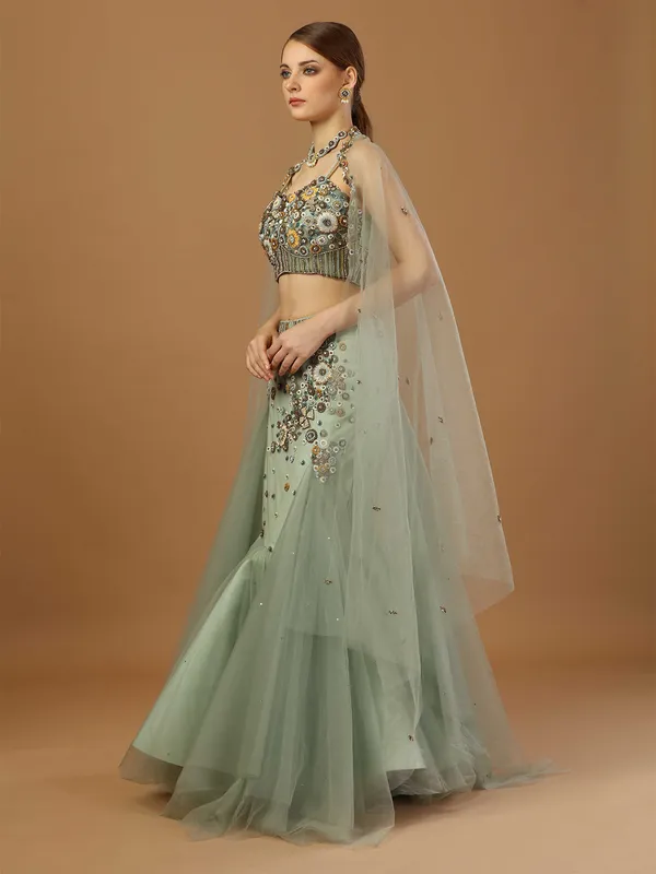 Sage green net fish cut lehenga choli