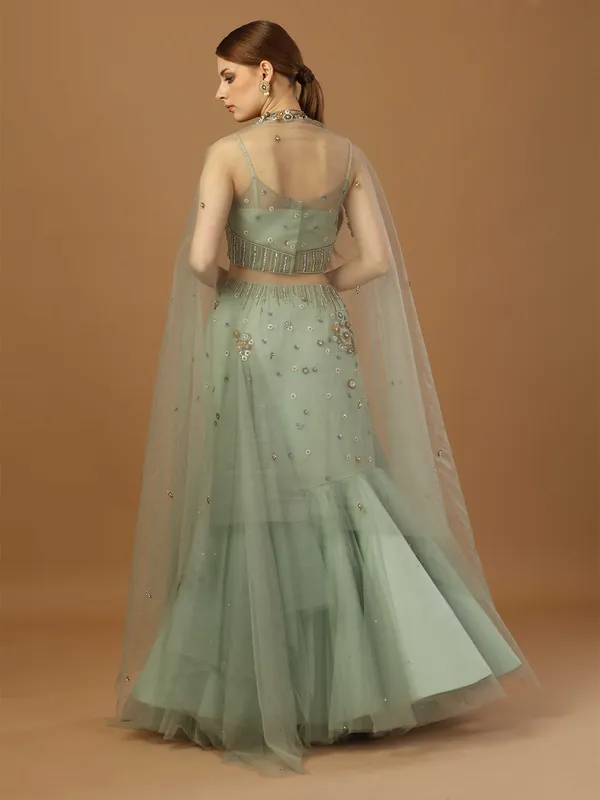 Sage green net fish cut lehenga choli