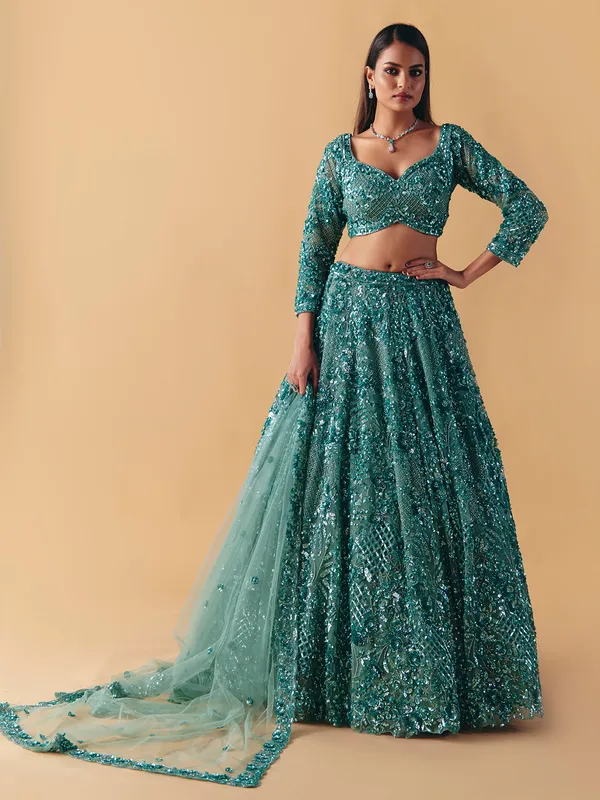 Sage green net lehenga choli with subtle stone glow