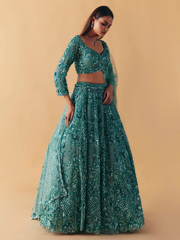 Sage green net lehenga choli with subtle stone glow