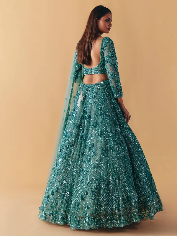 Sage green net lehenga choli with subtle stone glow