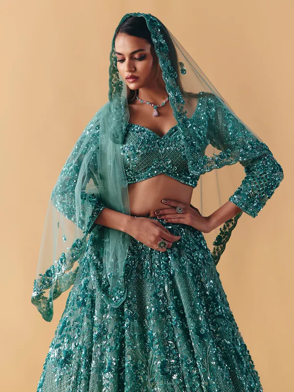 Sage green net lehenga choli with subtle stone glow